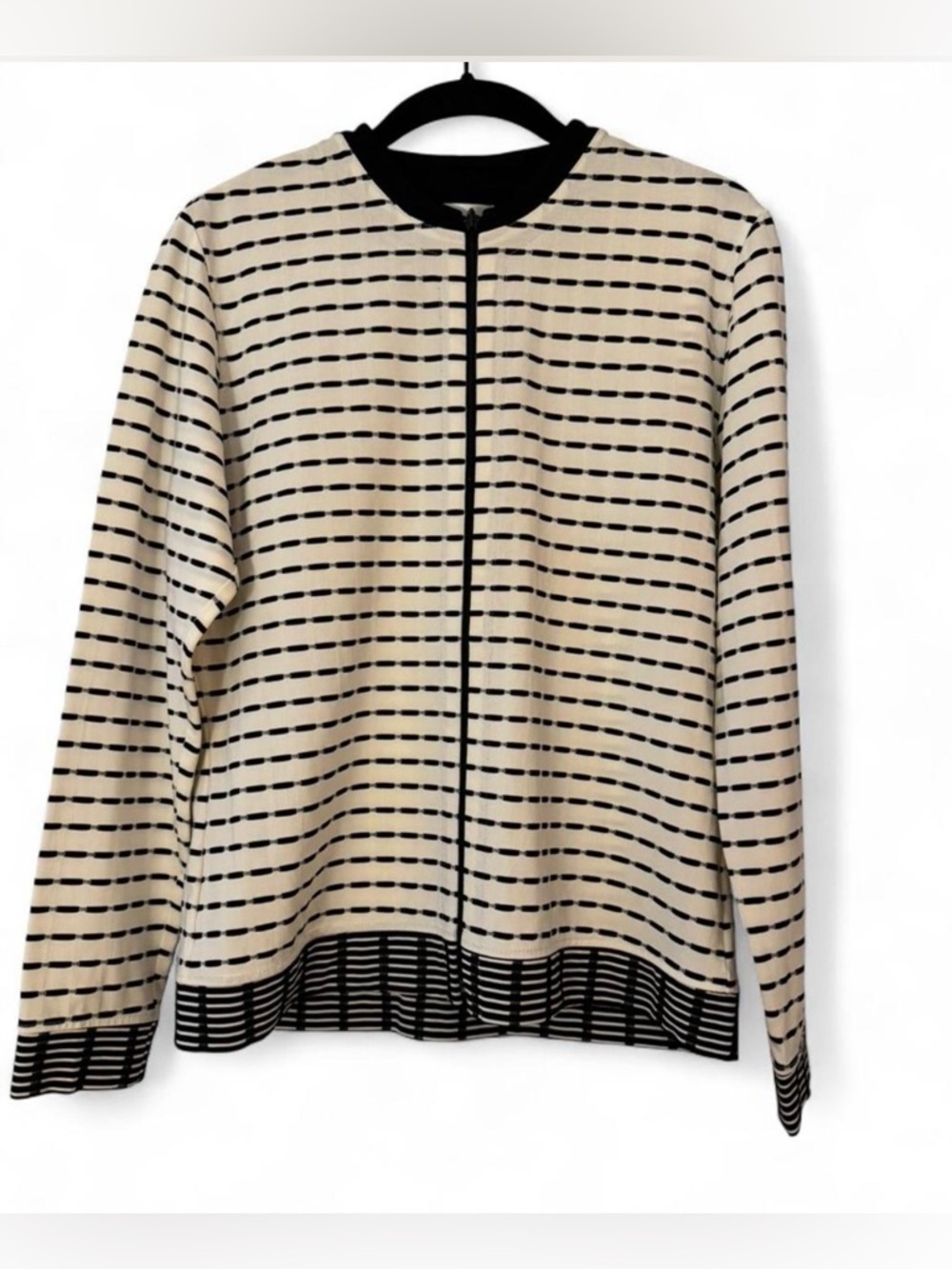 Chico's Black and Cream Striped Zip-Up Cardigan